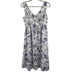 Cynthia Rowley White Blue Floral Print Midi Dress Size 2 100% Linen Cottage Core